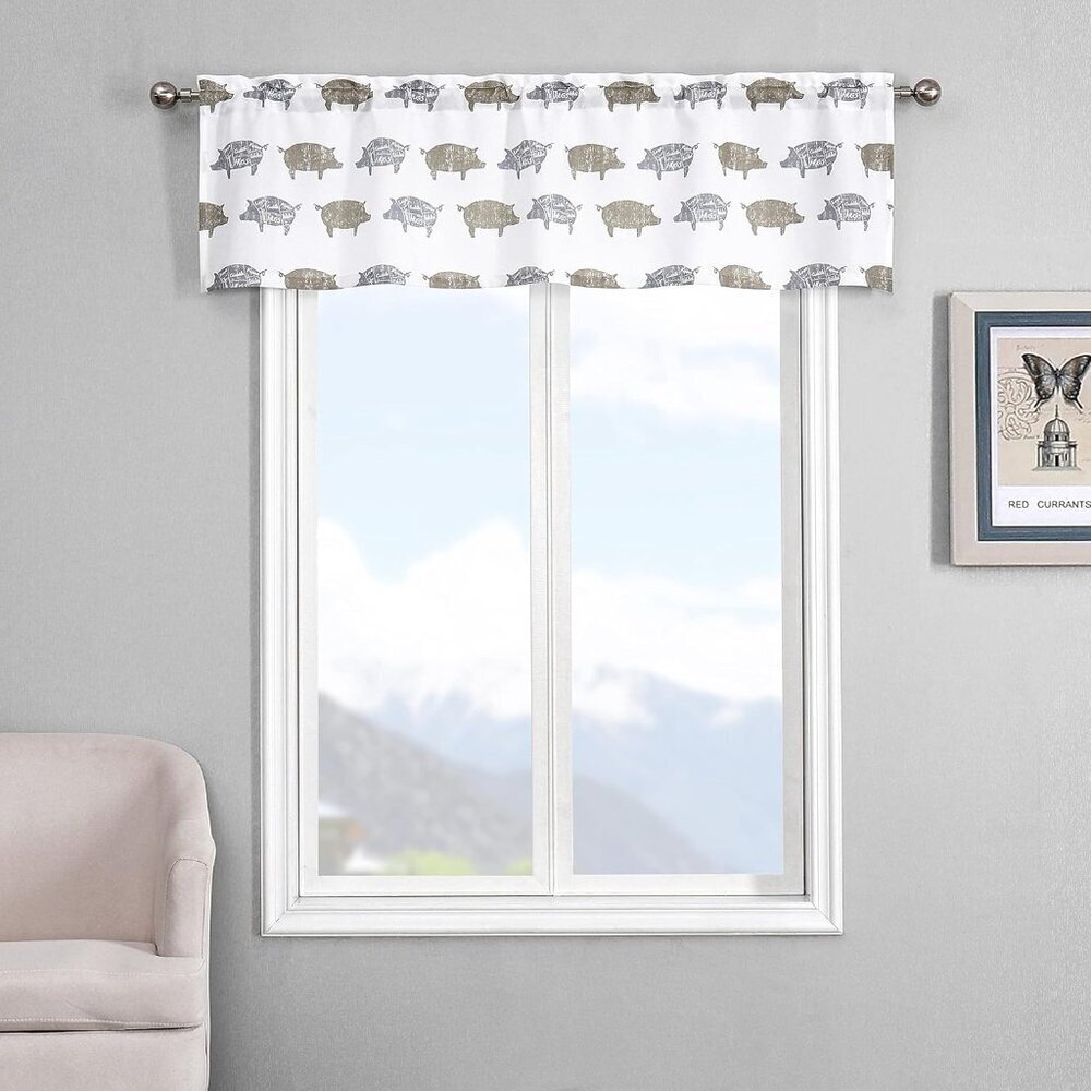 Two (2) Farmhouse Pig Print Window Valance 55"X16" Boho Kitchen Curtains New